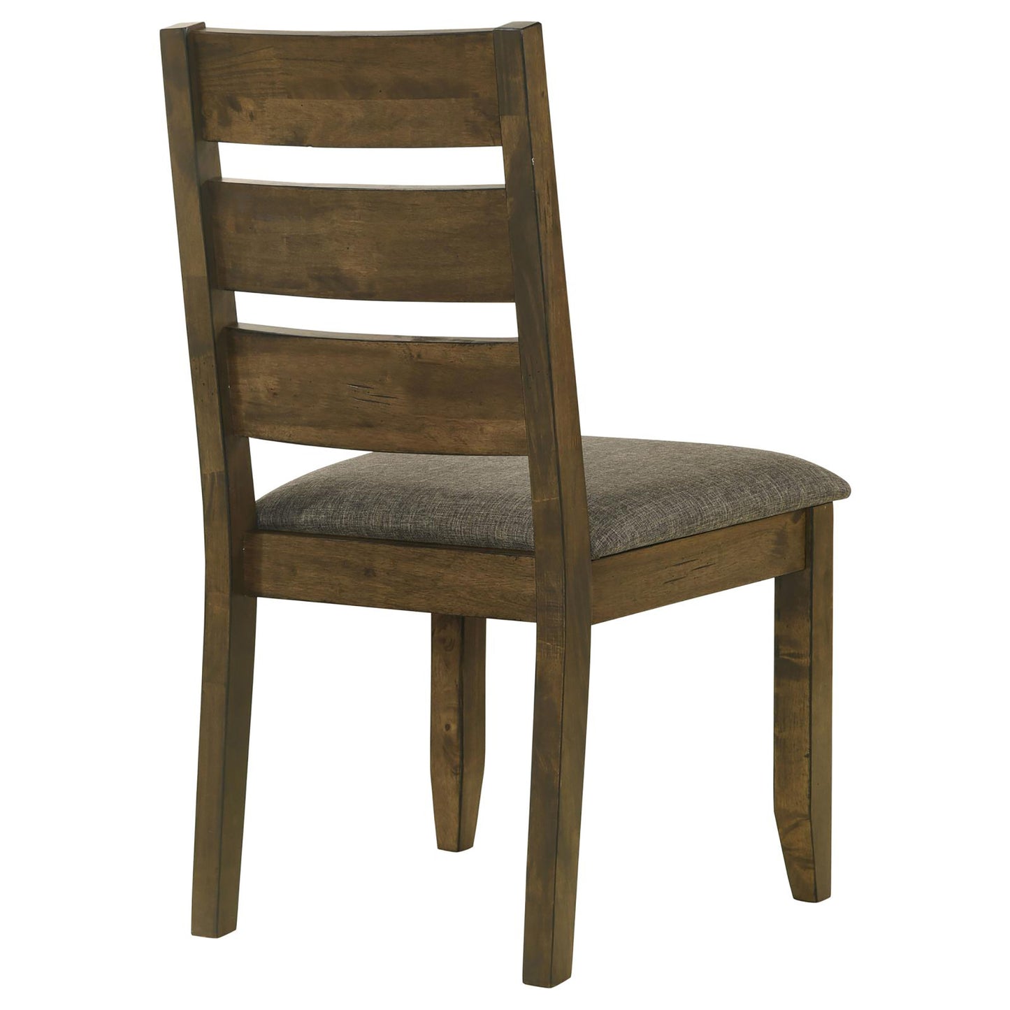 Dark brown wood dining chair with grey upholstered seat and slatted back