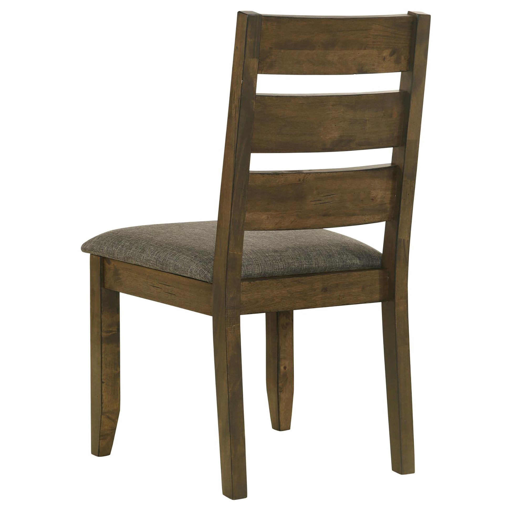 Brown wooden dining chair with grey upholstered seat and slatted backrest