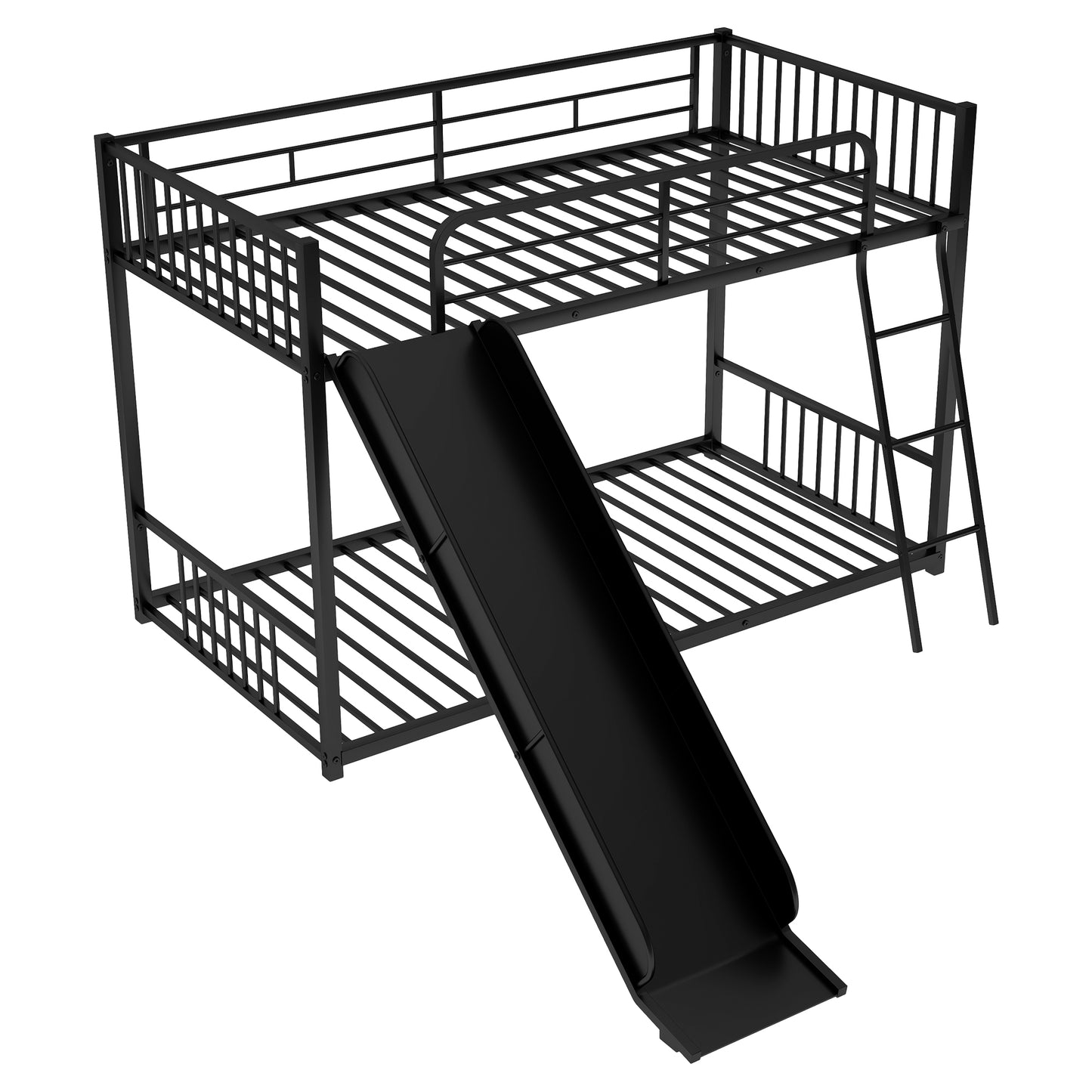 Black metal twin over twin bunk bed with slide and ladder