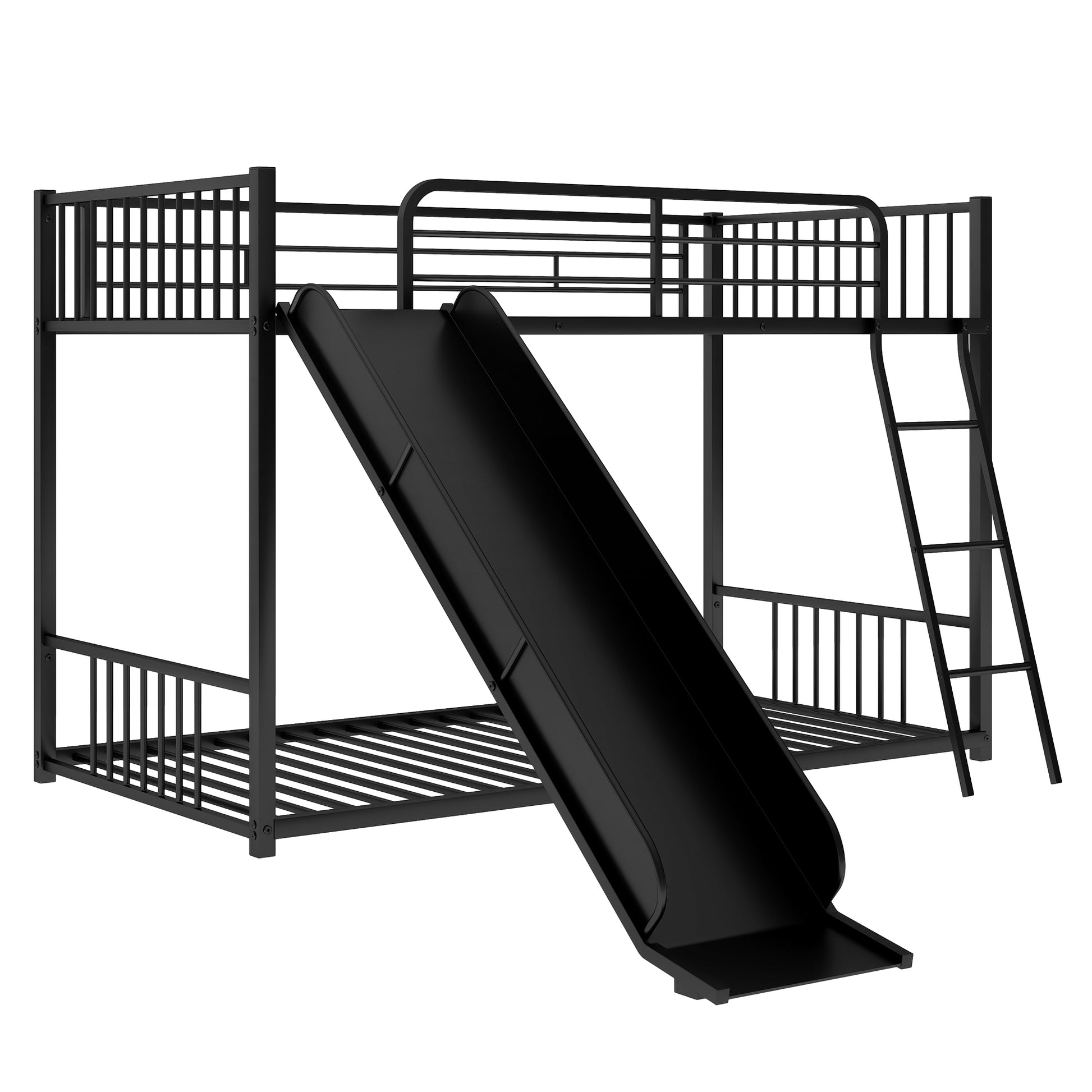 Black metal twin over twin bunk bed with slide and ladder