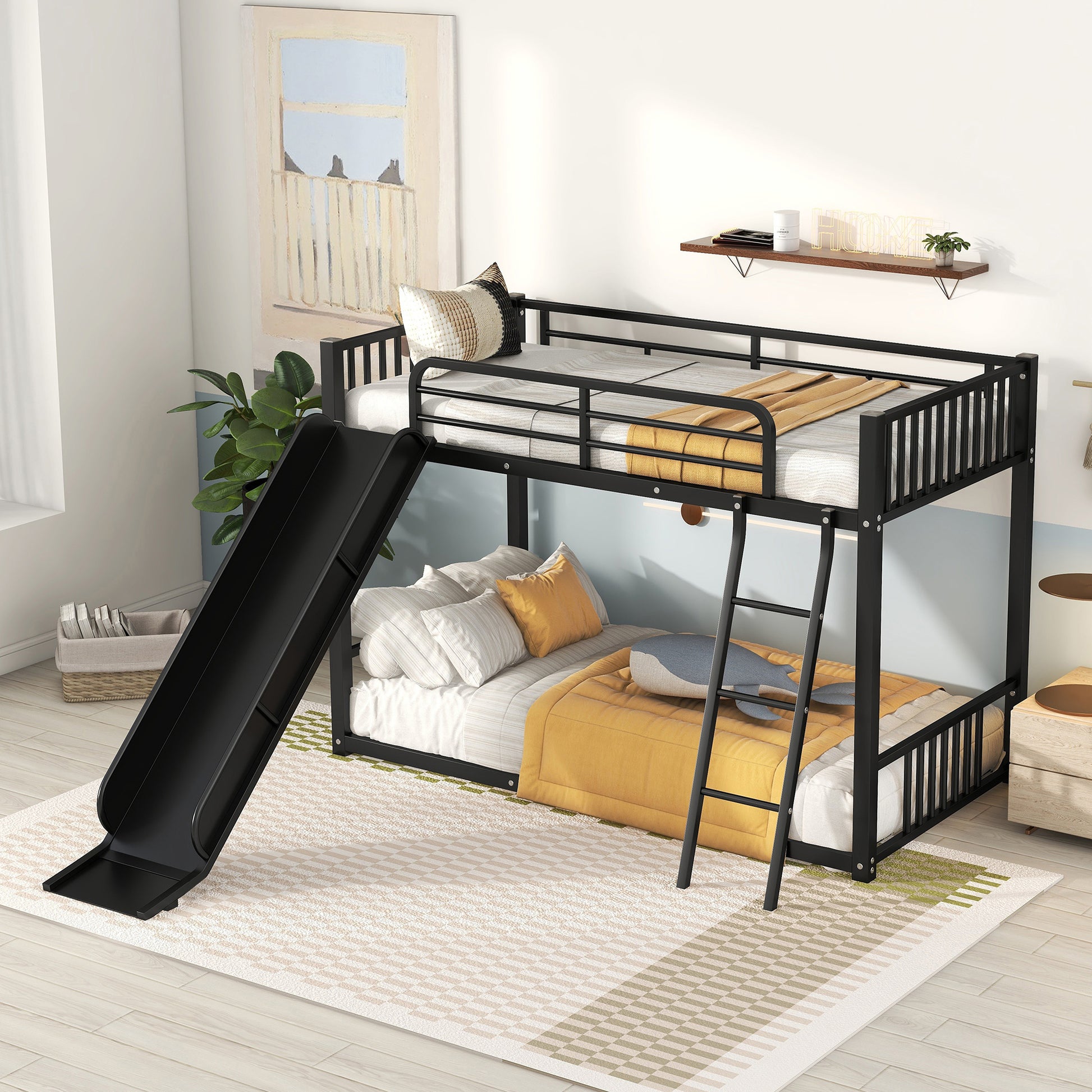 Black metal bunk bed with slide
