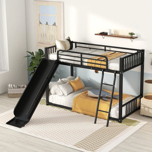 Black metal bunk bed with slide
