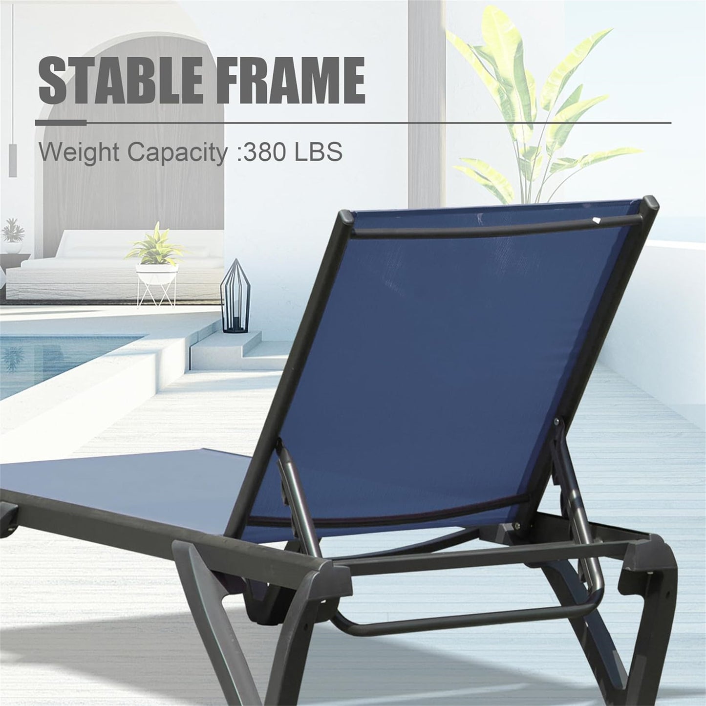 Dark blue fabric recliner with a sturdy black metal frame for outdoor lounging