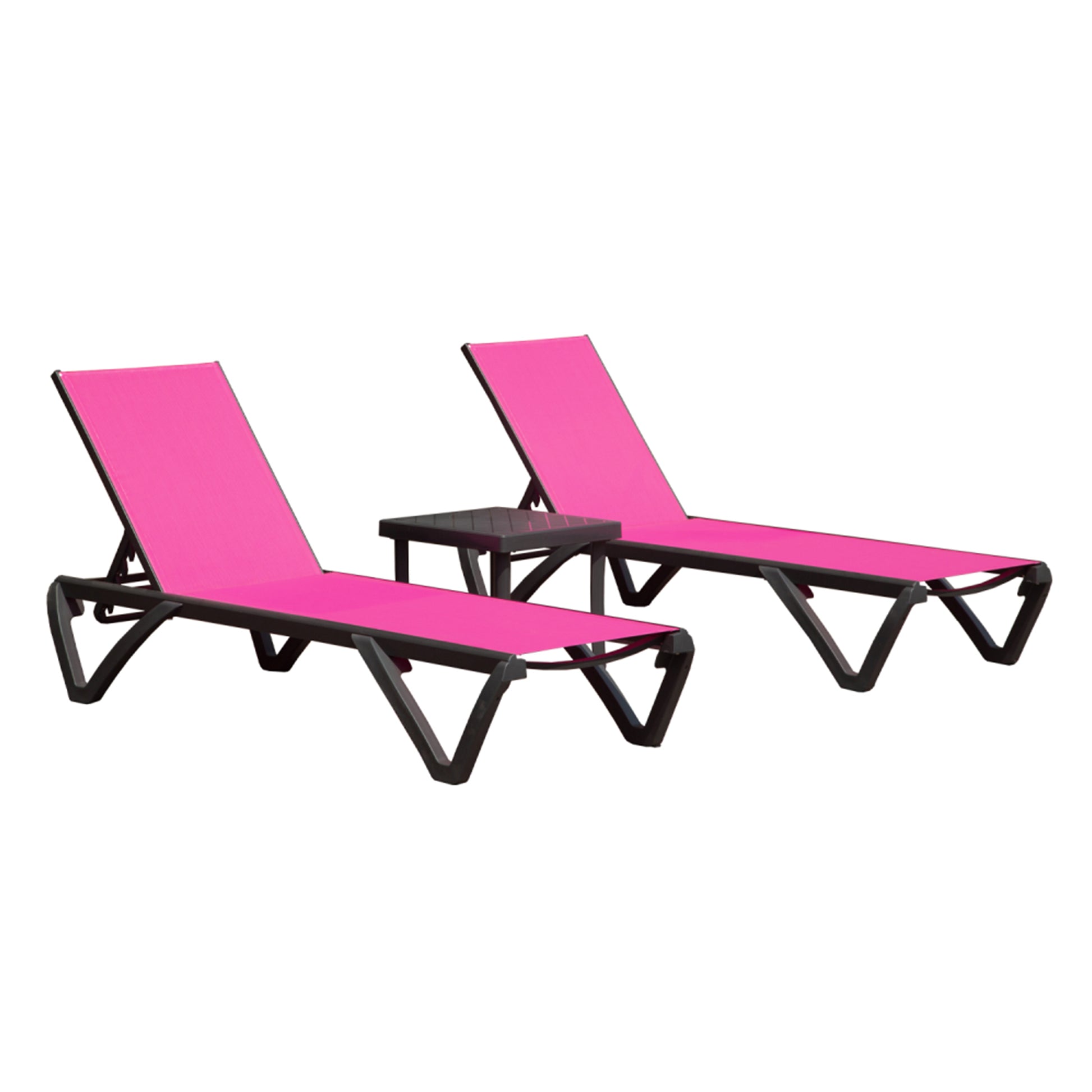 Two pink chaise lounge chairs with a small side table for outdoor relaxation