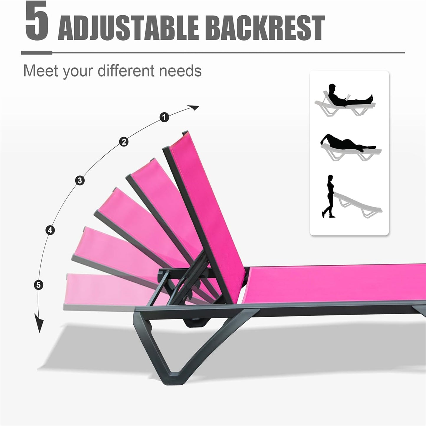 Pink adjustable chaise lounge with black frame demonstrating  recline positions for comfort