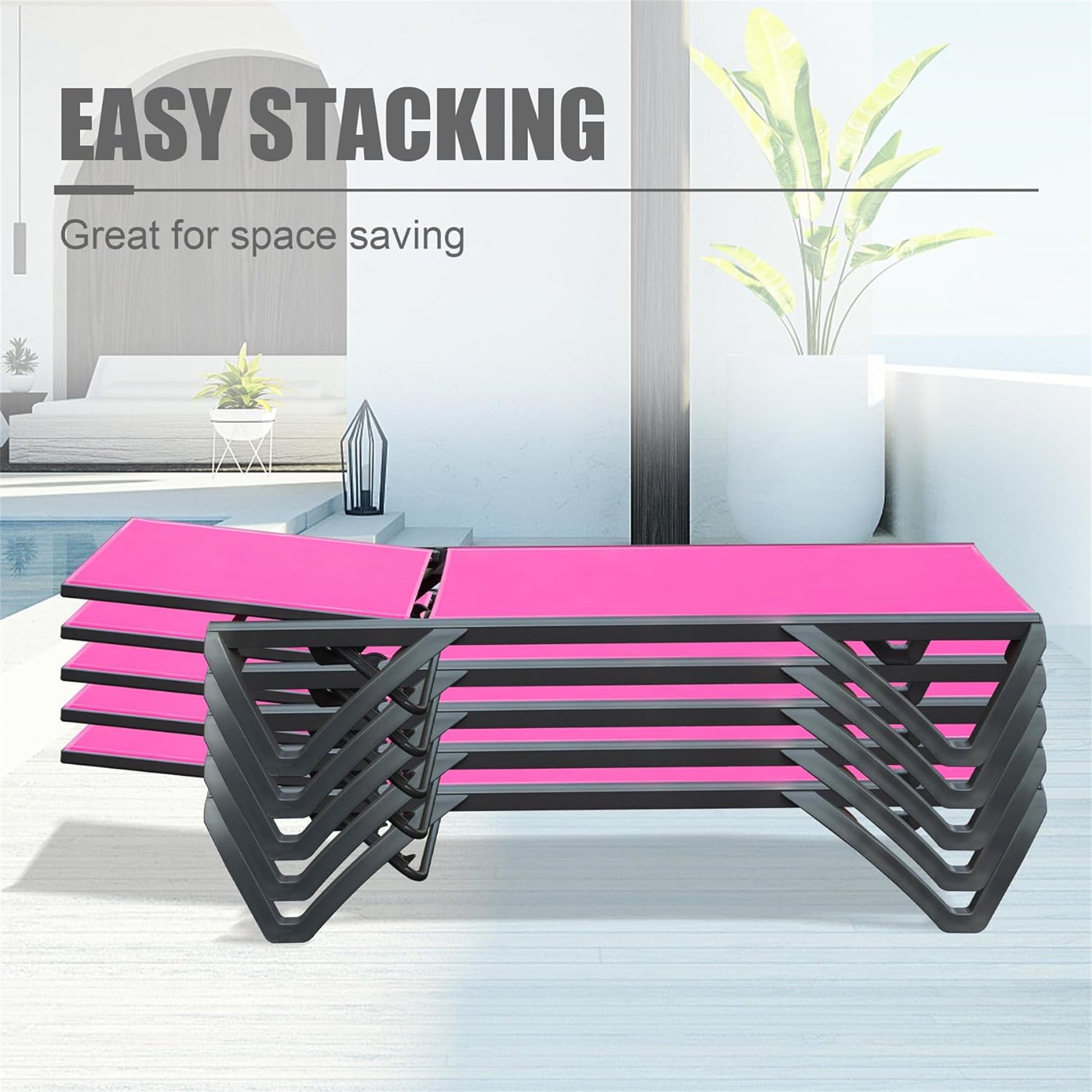 Stackable pink outdoor chaise lounge with dark gray metal frame ideal for patio use