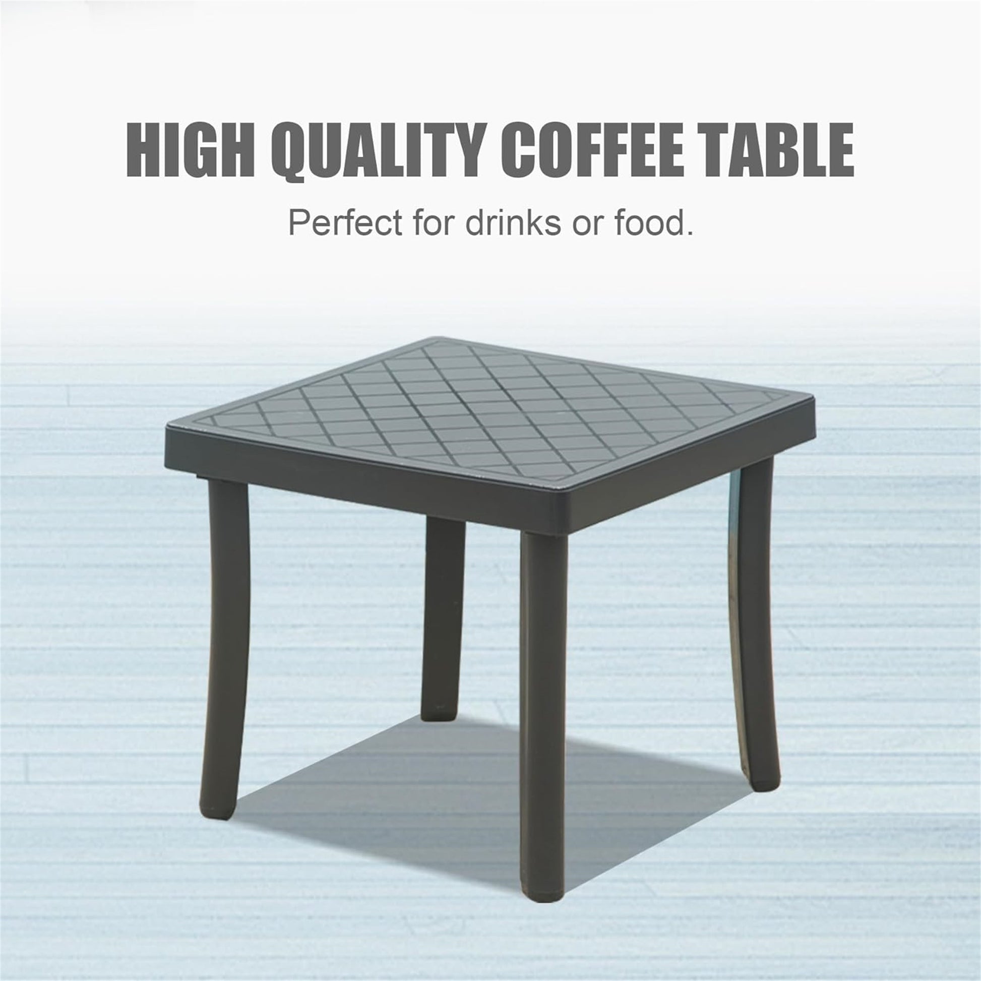 Dark gray plastic coffee table with a diamond pattern on top surface