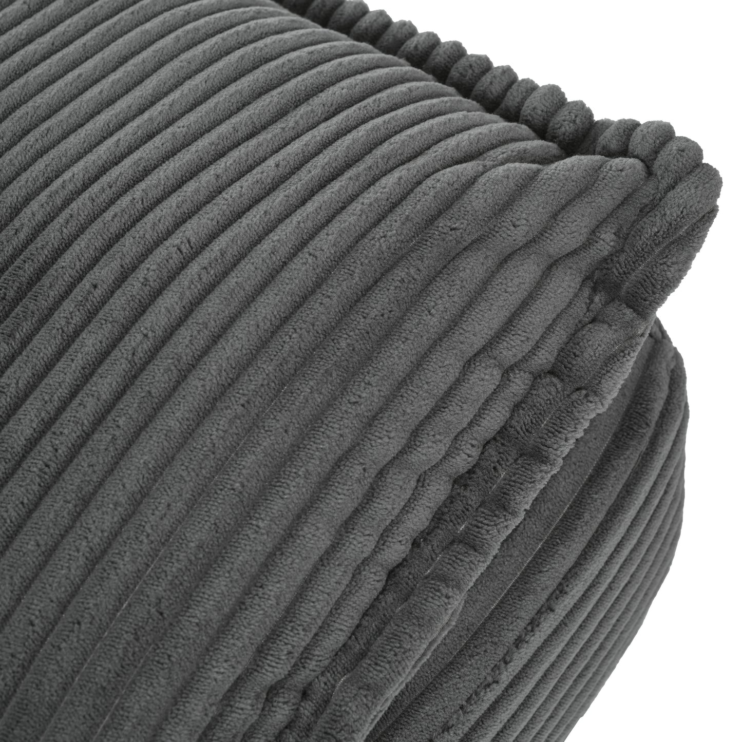 Closeup of a dark grey corduroy cushion with plush texture