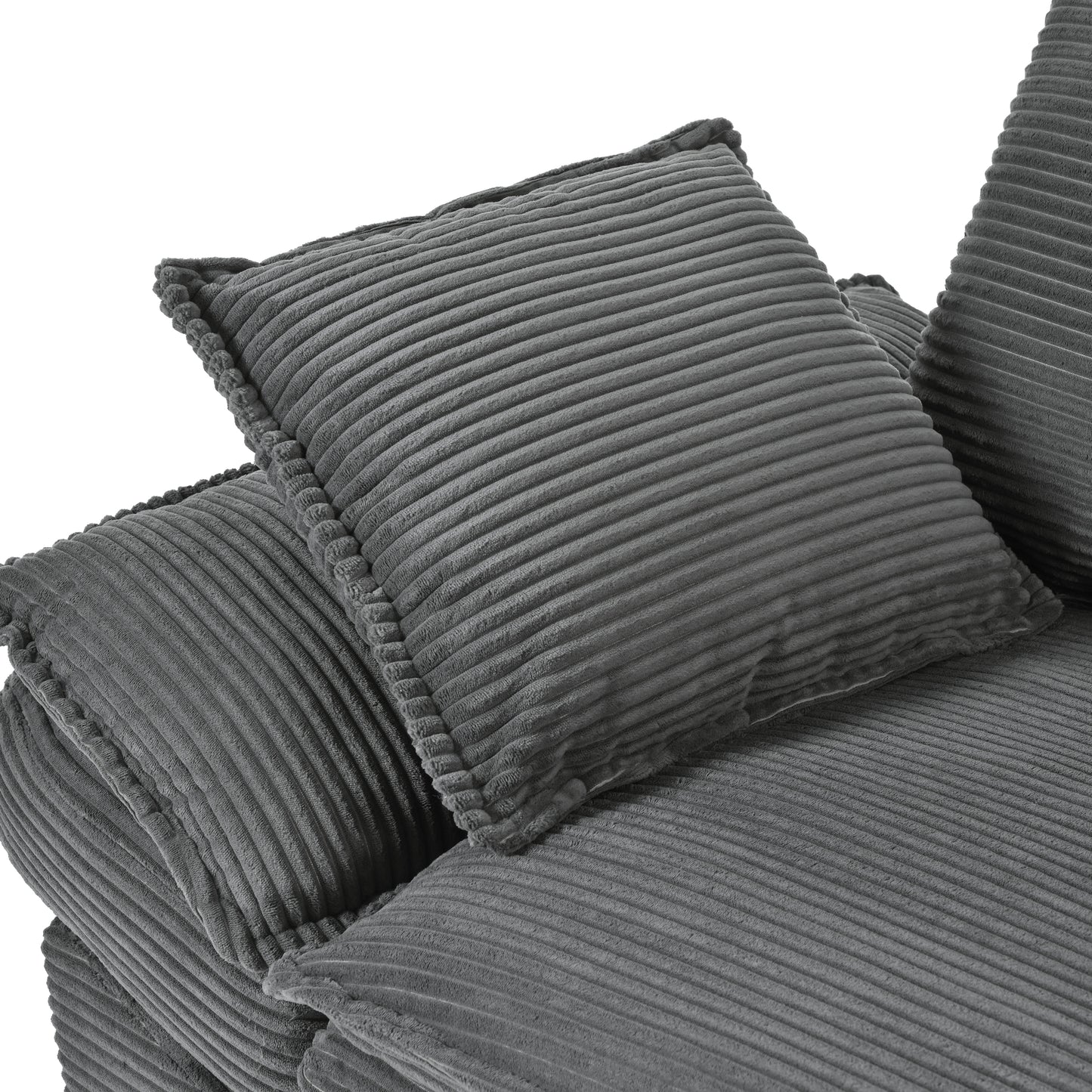 Stack of plush grey corduroy cushions soft texture cozy accent pillows