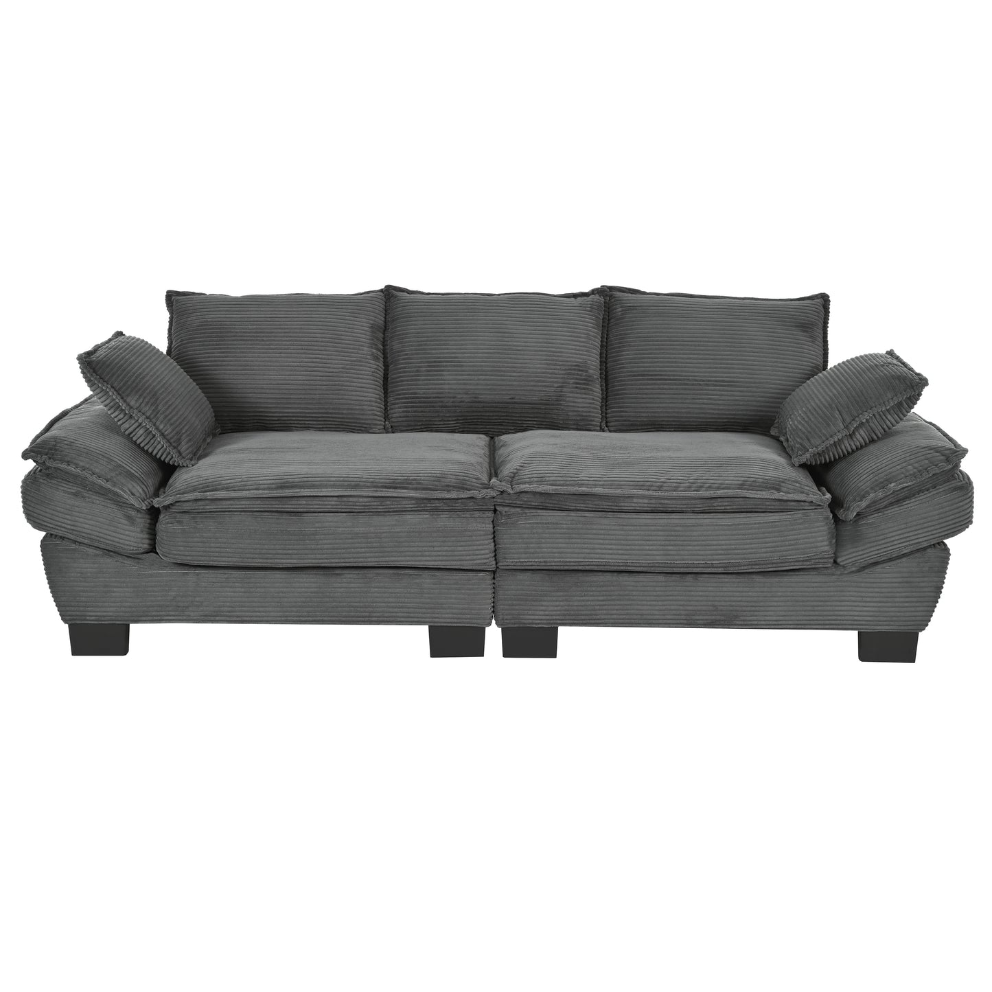 Dark grey corduroy threeseater sofa with plush cushions and dark square feet