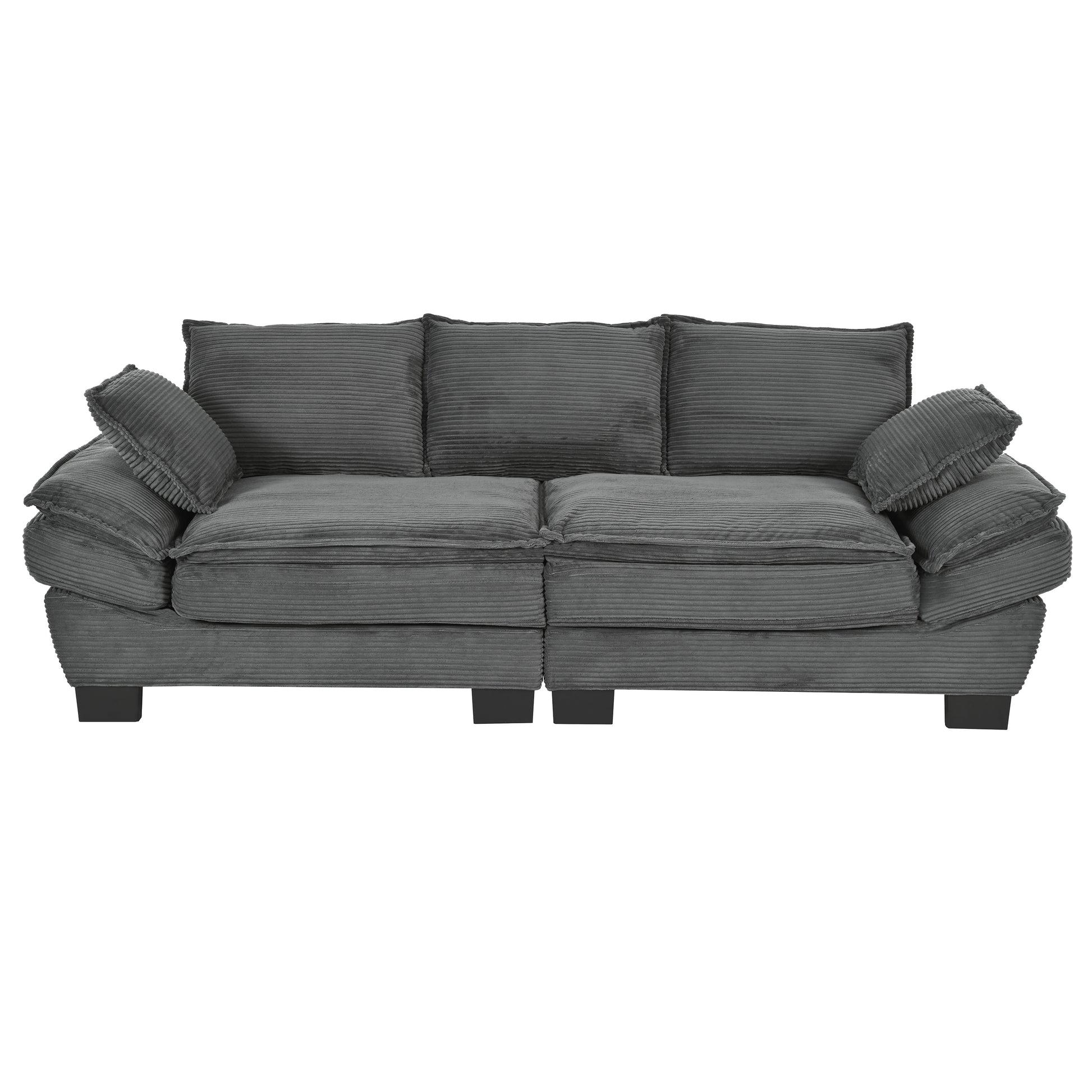 Dark grey corduroy threeseater sofa with plush cushions and dark square feet