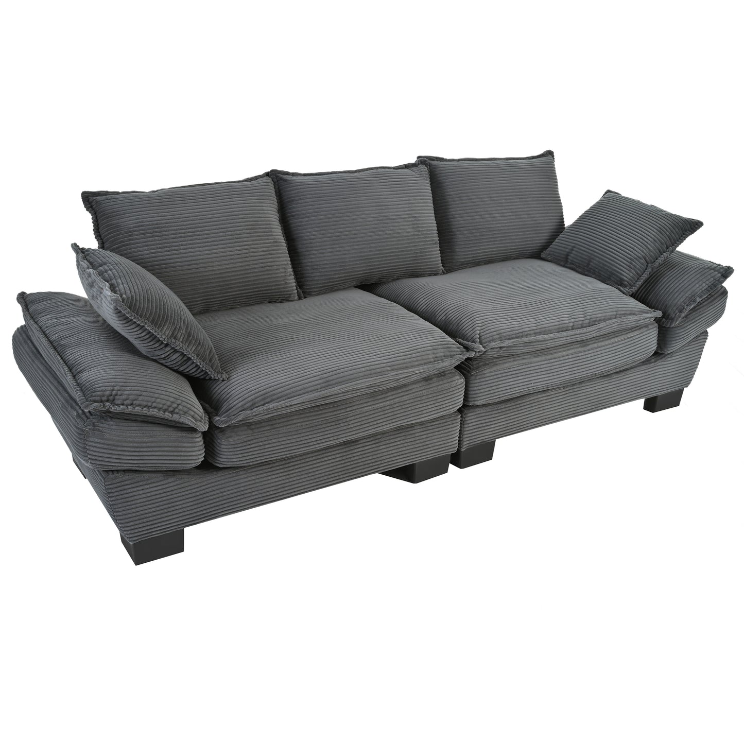 Plush grey corduroy sofa with deep seating and plush throw pillows ideal for modern living rooms