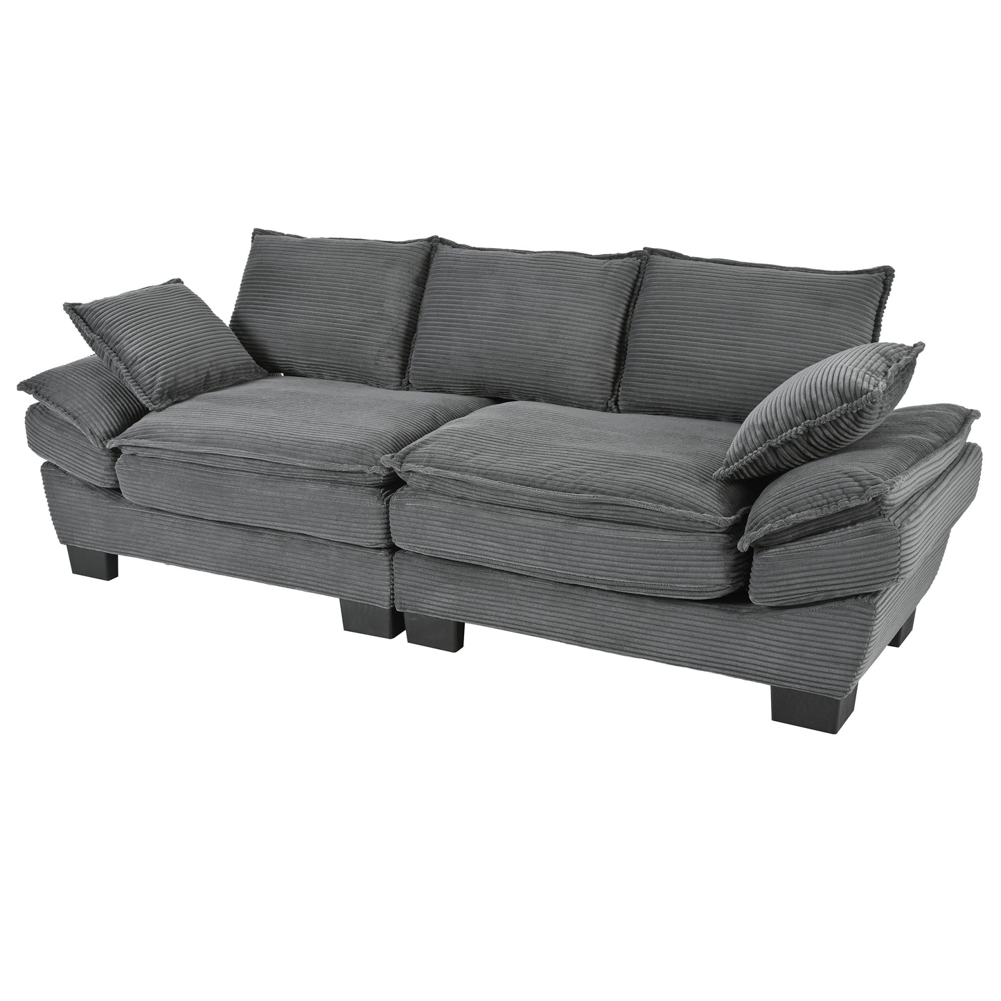 Gray corduroy threeseater sofa with plush cushions and matching throw pillows