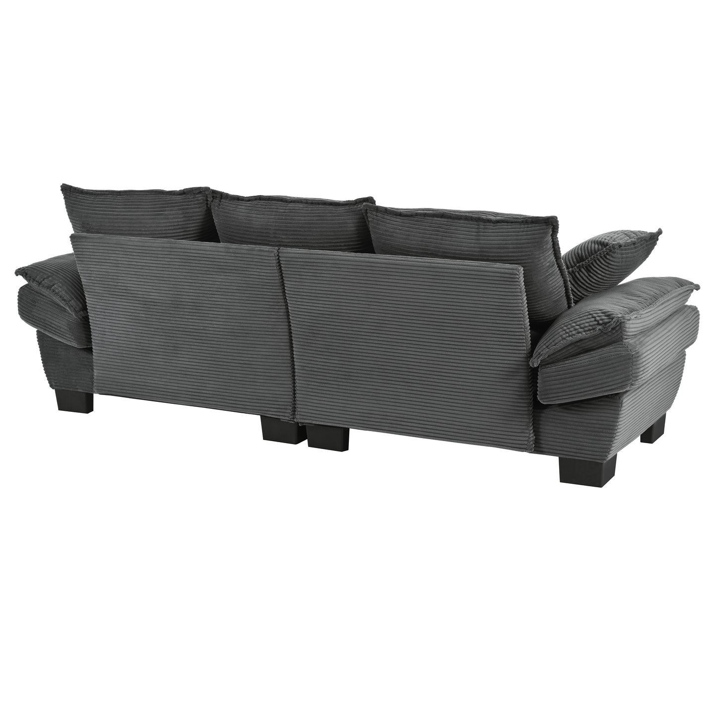 Dark grey corduroy sofa with three plush back cushions and square black legs rear view