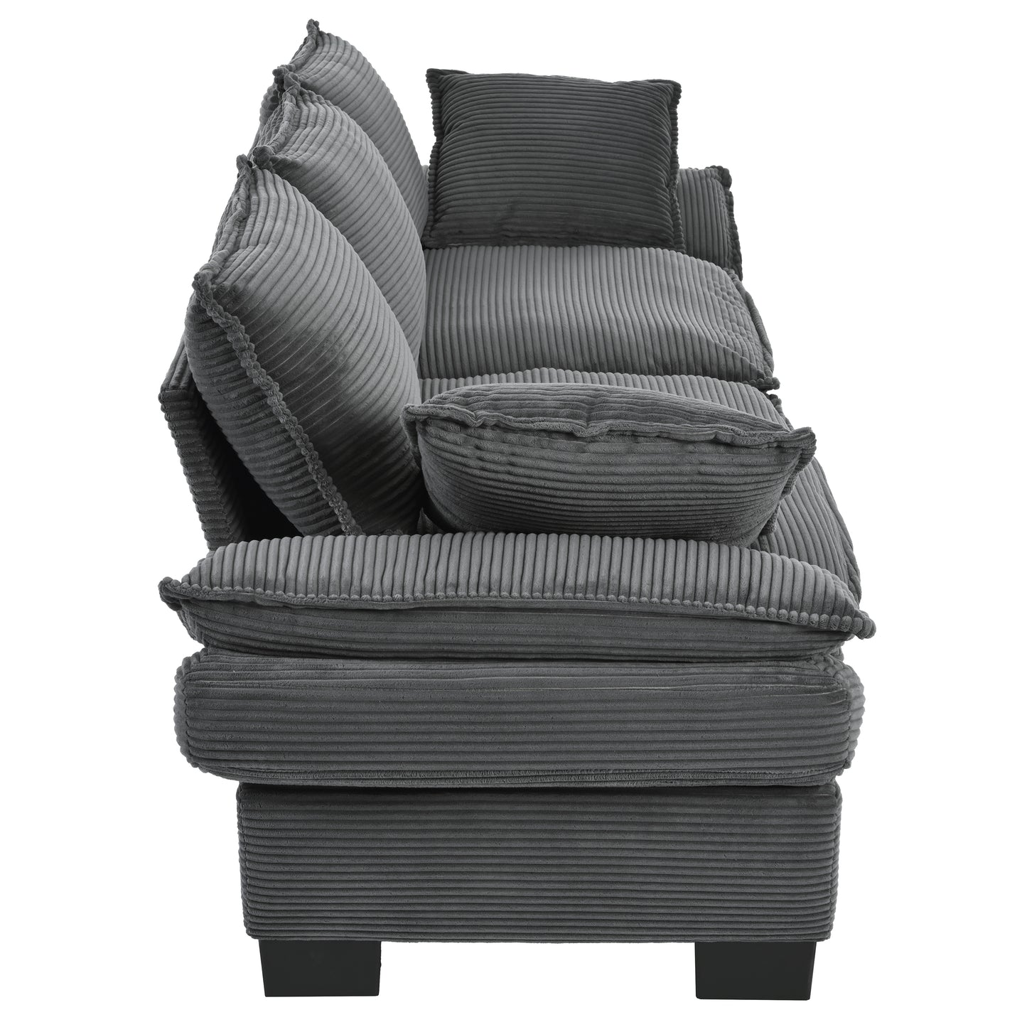 Plush corduroy sofa in charcoal gray featuring deep tufting and extralarge throw pillows for ultimate comfort and style