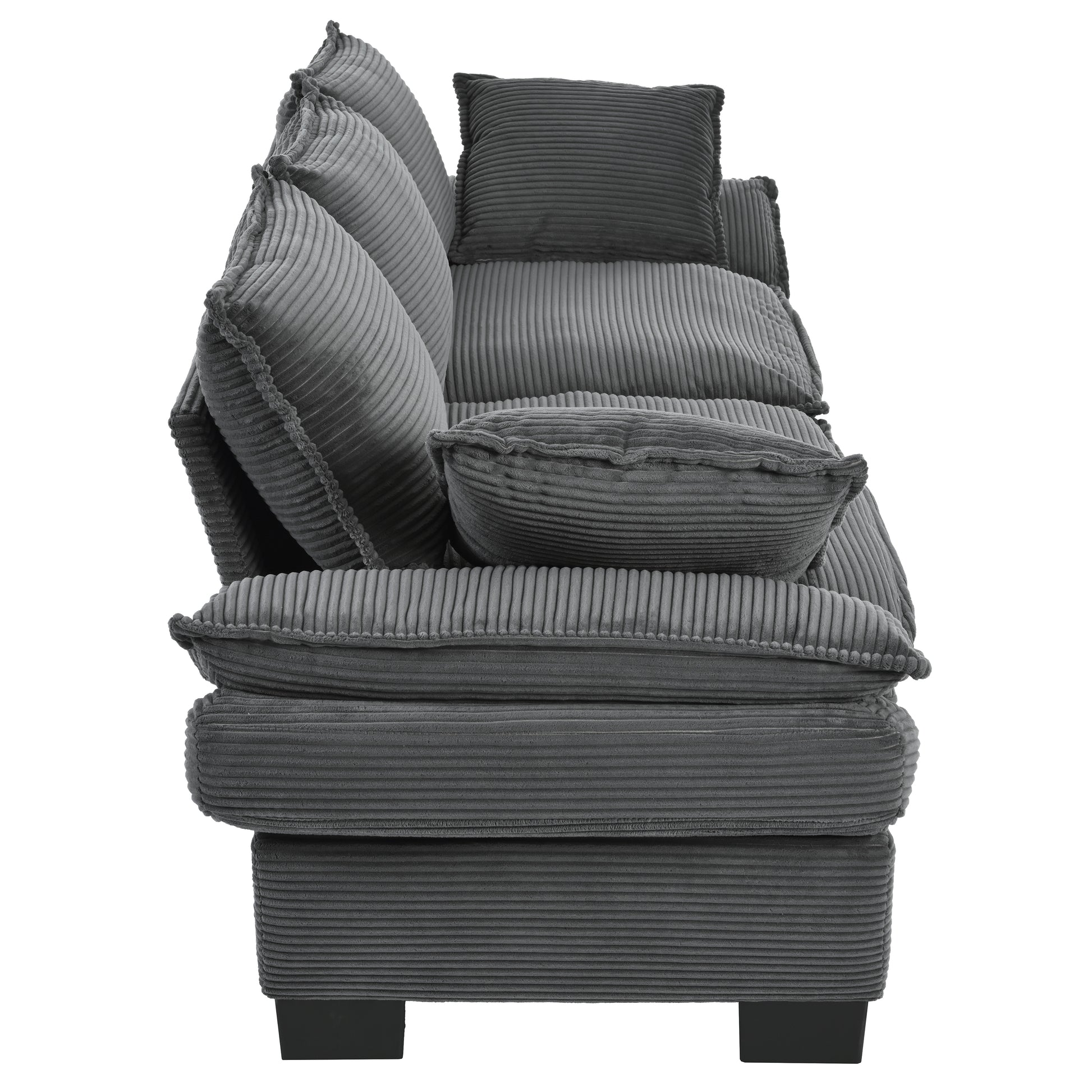 Plush corduroy sofa in charcoal gray featuring deep tufting and extralarge throw pillows for ultimate comfort and style