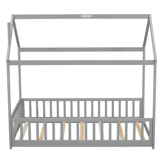 TREATLIFE HOME Twin House Bed with Guardrails and Slats for Children, Space-Saving Design, Grey