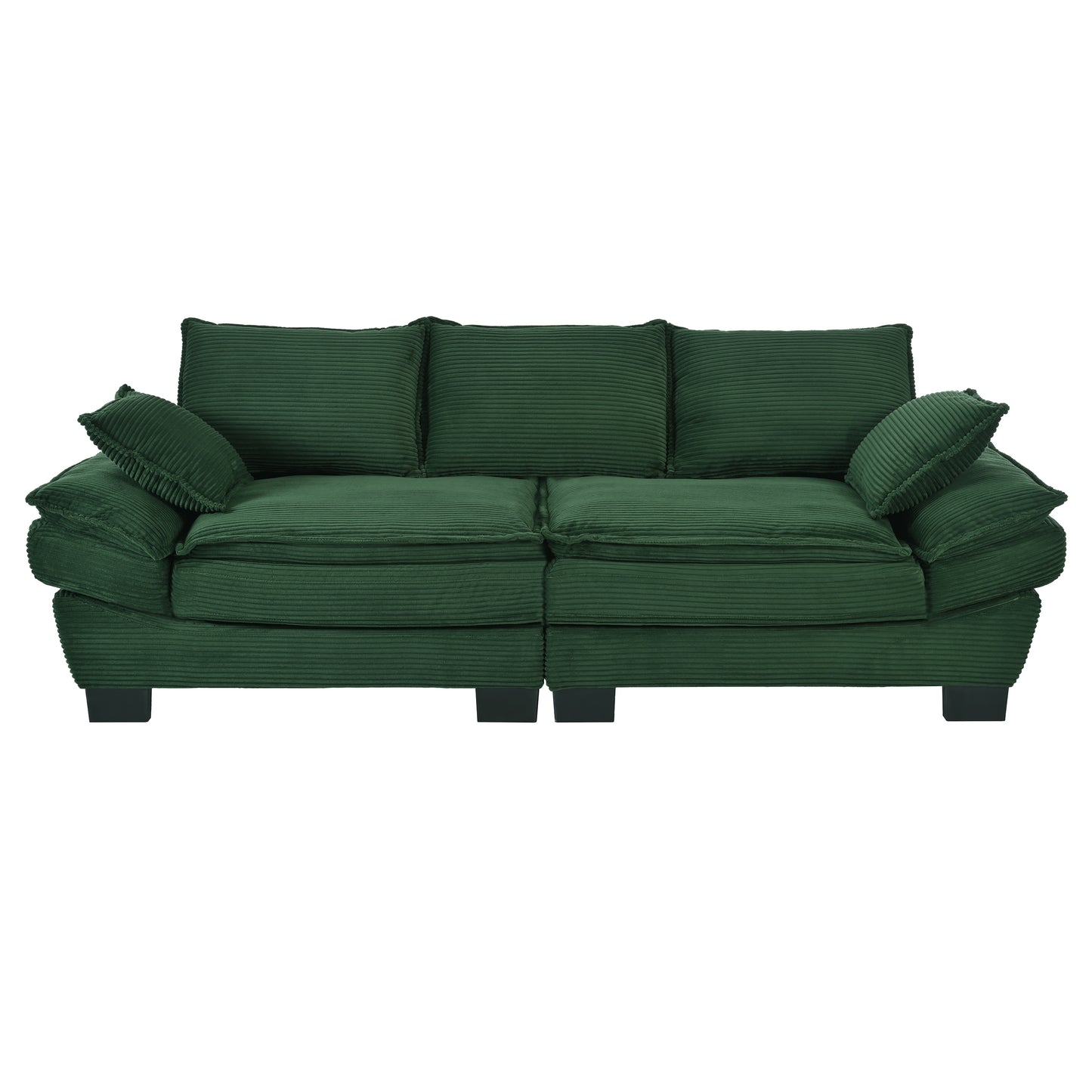 Deep green corduroy sofa with plush cushions and a modern design