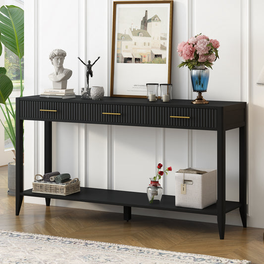 Black fluted console table with gold handles and two drawers perfect for entryways