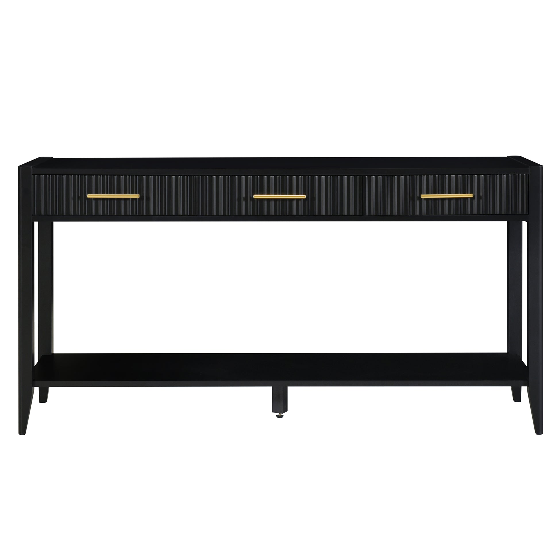 Black fluted console table with gold drawer pulls and lower shelf