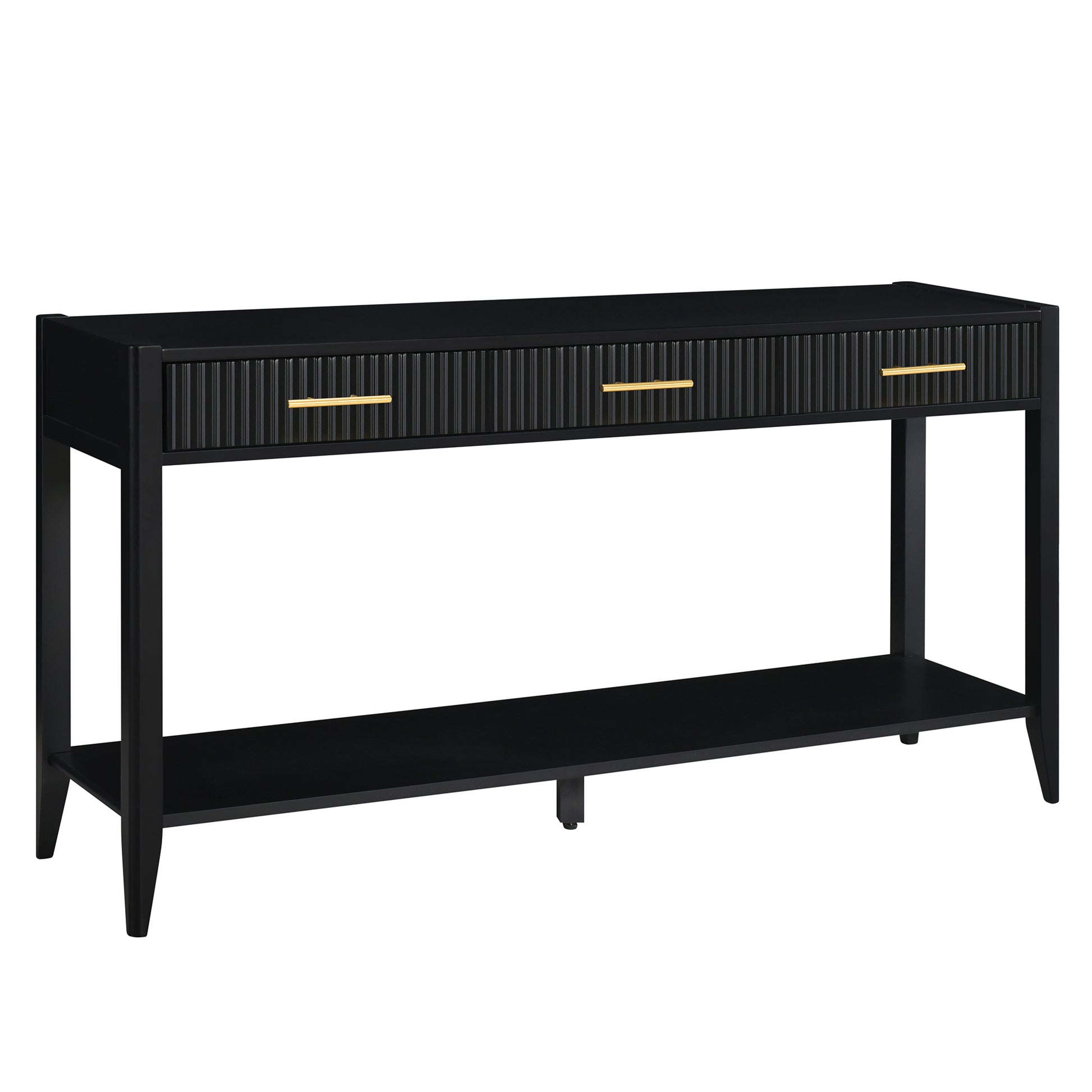 Black fluted console table with three gold bar pulls and lower shelf