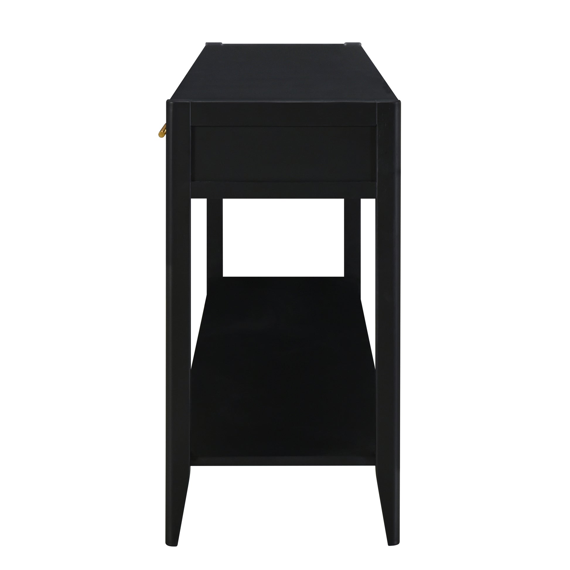 Black wooden console table with a single drawer and open lower shelf