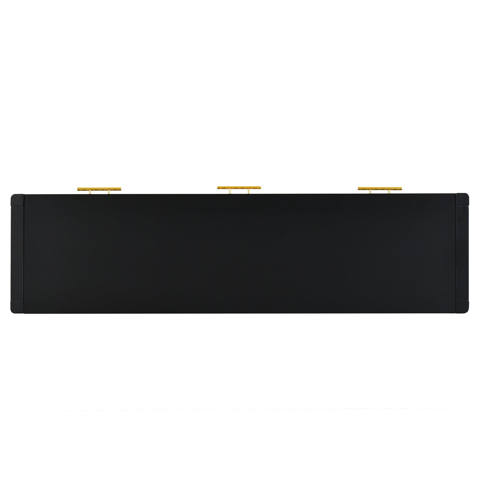 Black metal media console with gold drawer pulls
