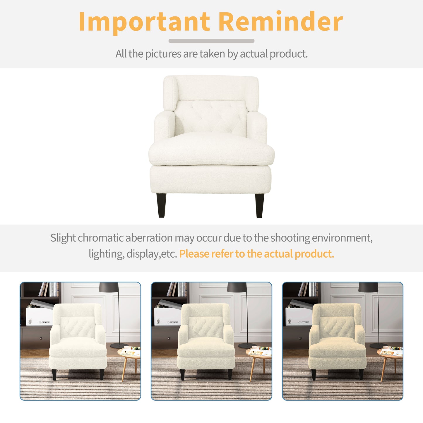 Cream sherpa accent chair with tufted back and black tapered legs