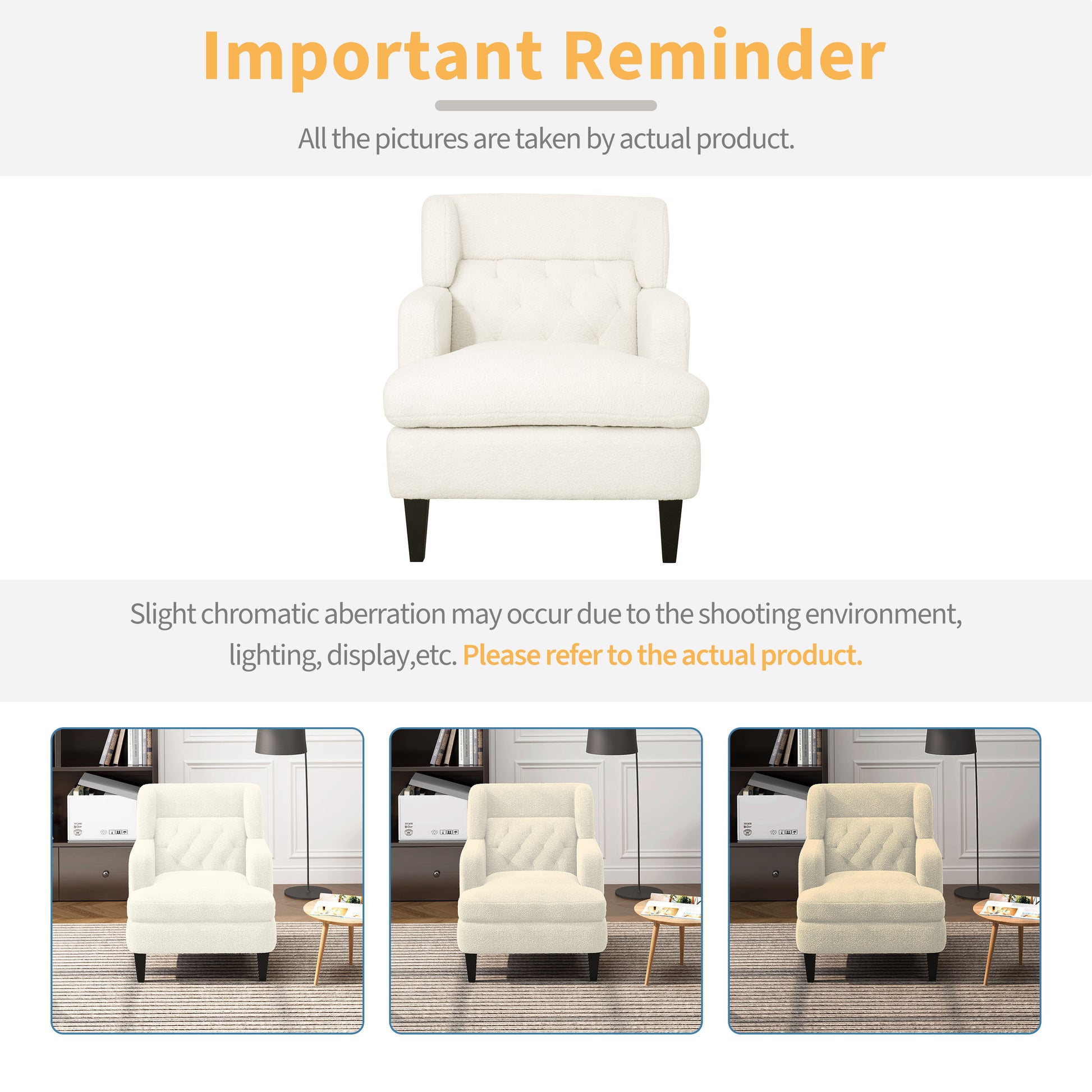 Cream sherpa accent chair with tufted back and black tapered legs