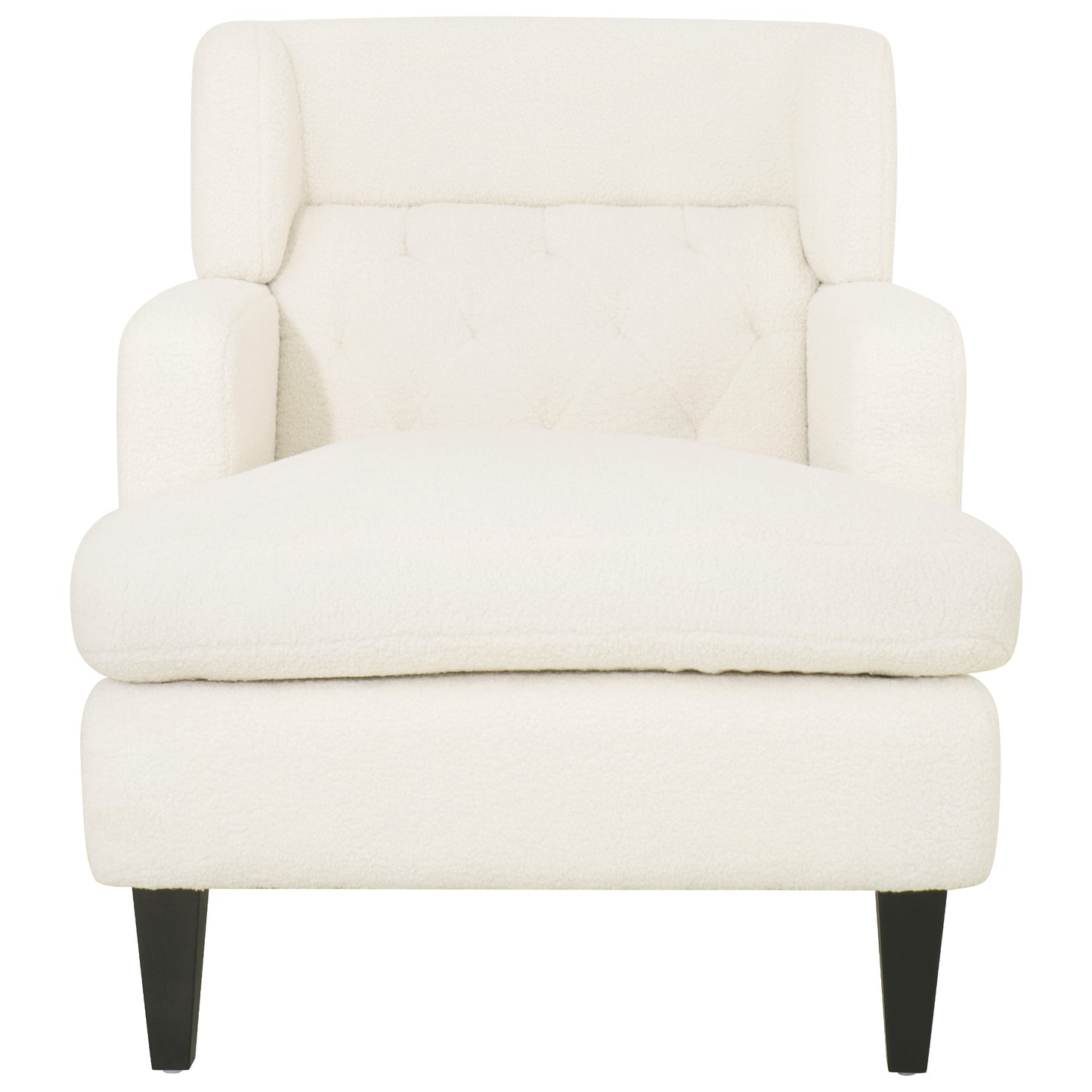 Cream boucl armchair with buttontufted back and dark tapered legs