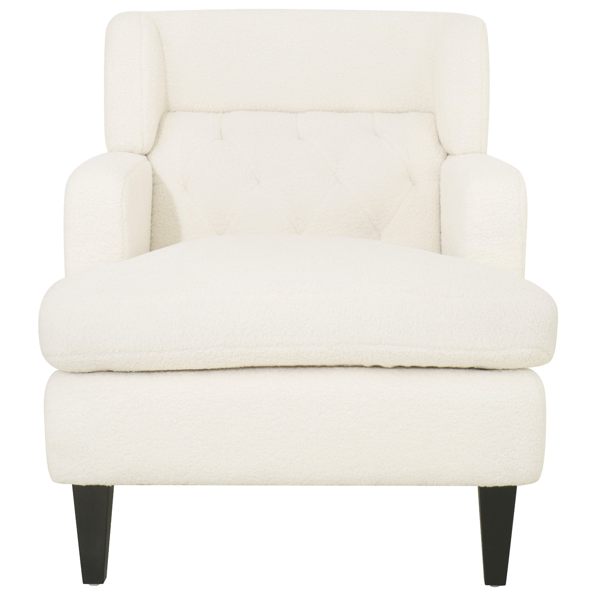Cream boucl armchair with buttontufted back and dark tapered legs
