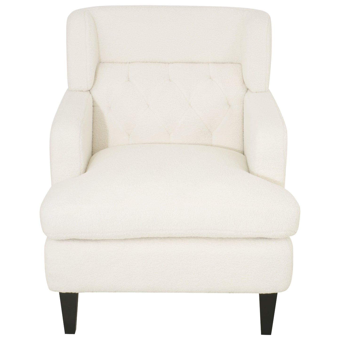 Cream boucle armchair with tufted backrest and dark wooden legs