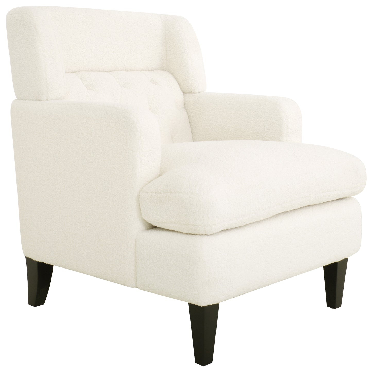 Cream boucle armchair with tufted back and dark wood legs