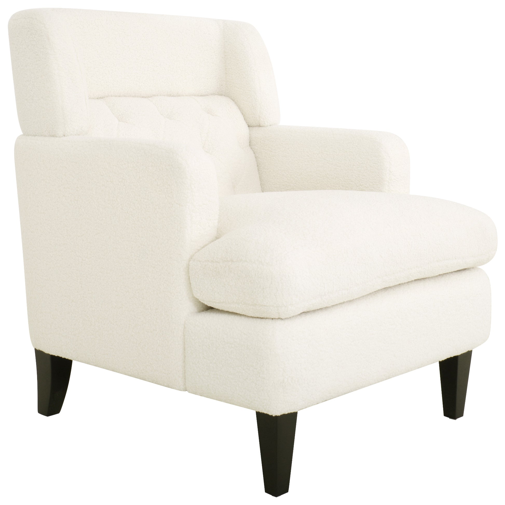 Cream boucle armchair with tufted back and dark wood legs