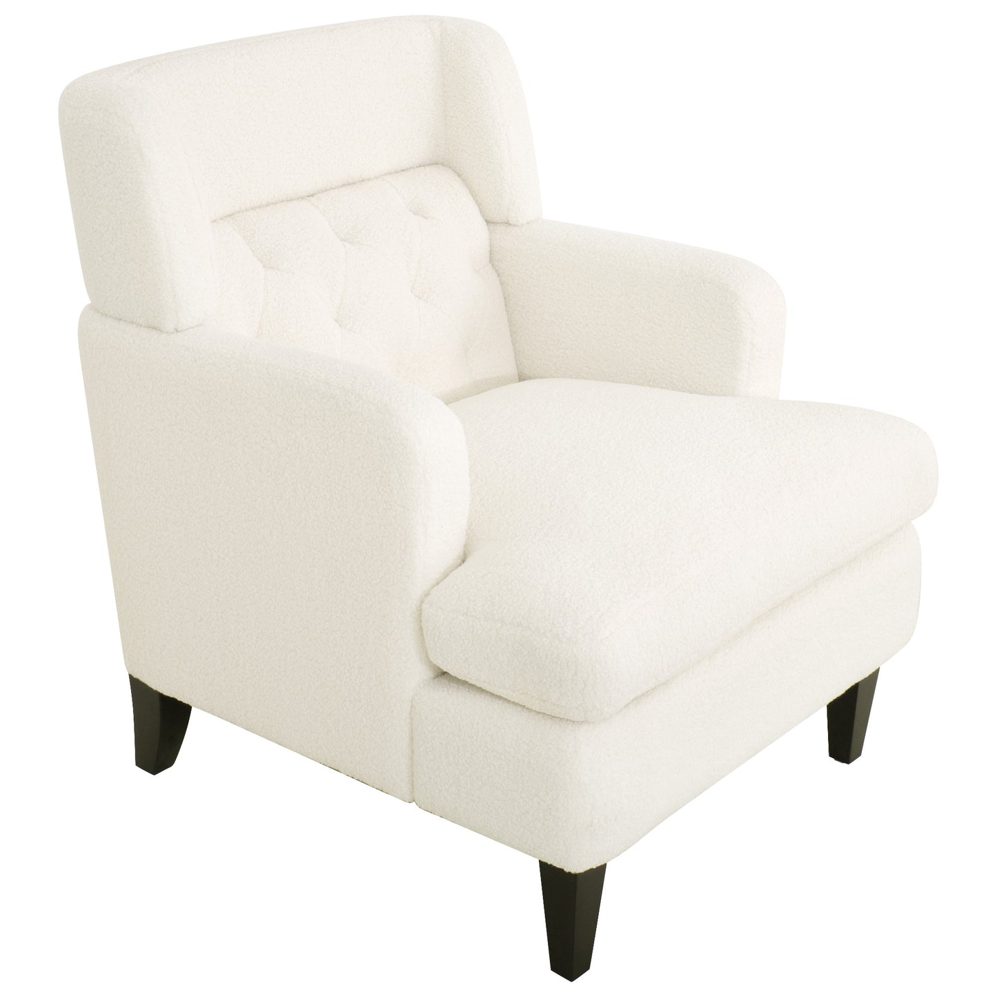 Cream boucle armchair with tufted backrest and dark wood legs perfect for modern living rooms