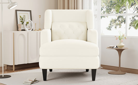 Cream boucle accent chair with diamond tufted back and plush seat