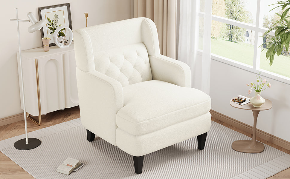 Cream boucle armchair with diamond tufted back and padded seat for living room