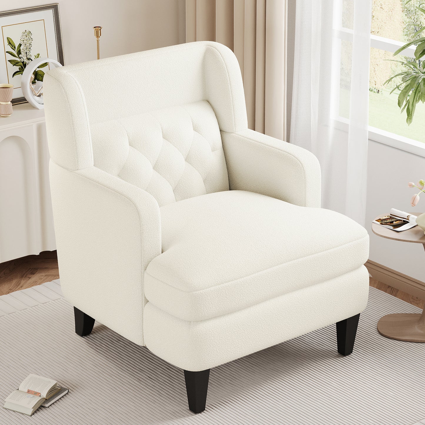 Cream boucle accent chair with diamond tufted back and padded arms