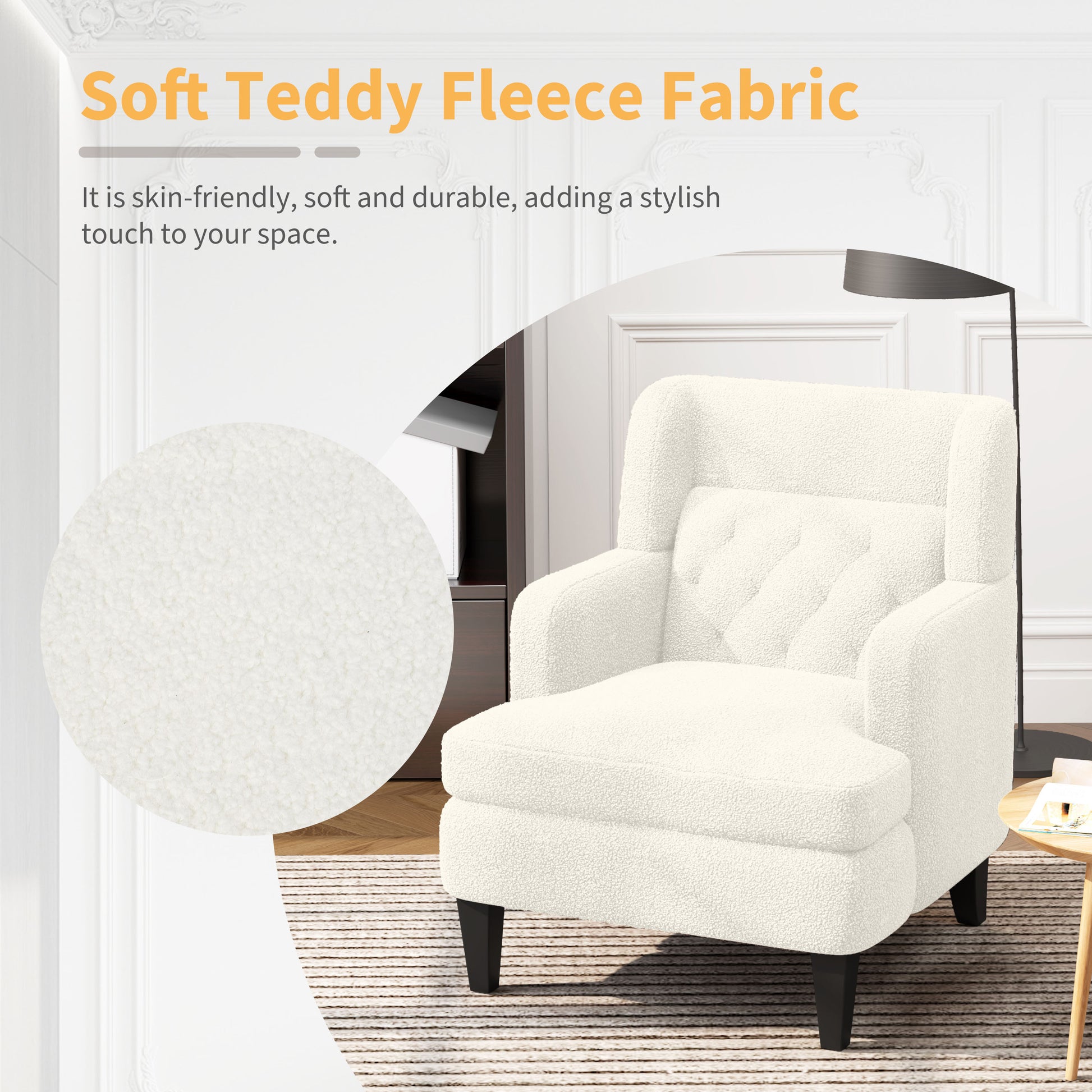 Cream boucle accent chair with diamond tufted back and black legs