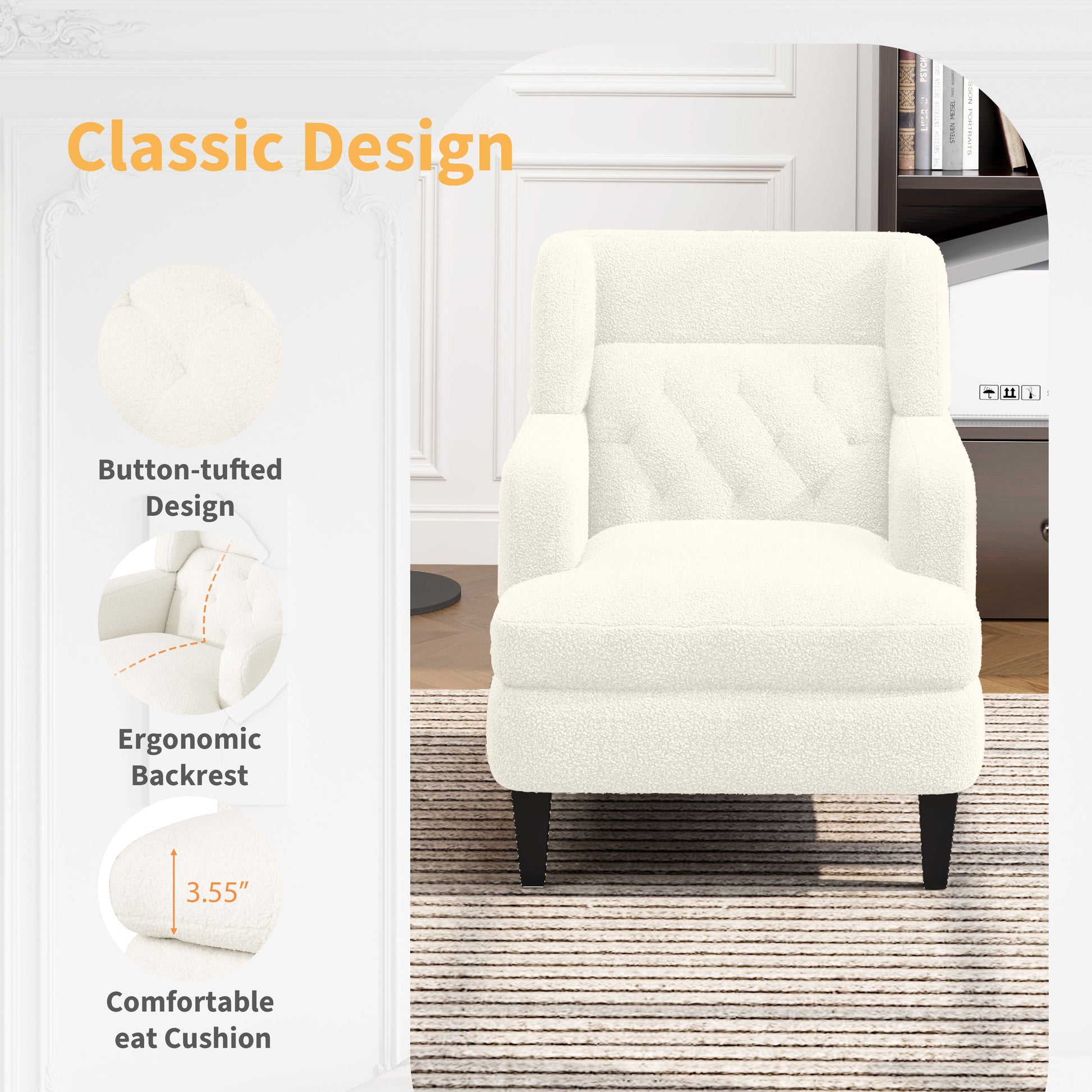 Cream teddy fabric accent chair with button tufting and ergonomic backrest