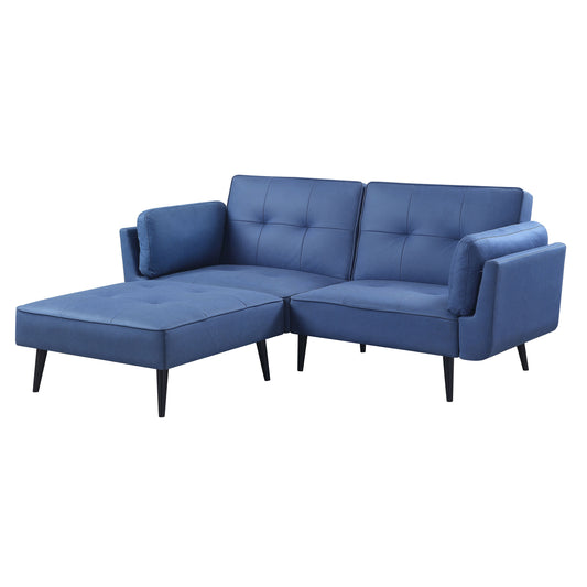 Blue upholstered chaise sectional sofa with tufted cushions
