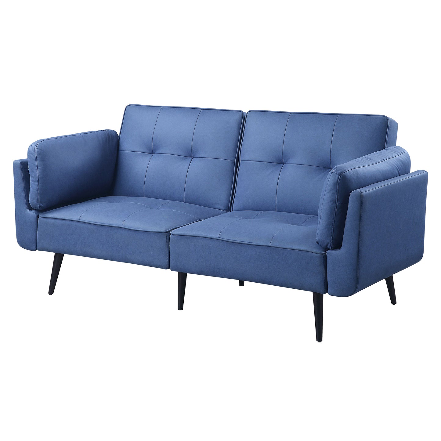 Modern blue fabric sofa with tufted seat cushions and black tapered legs