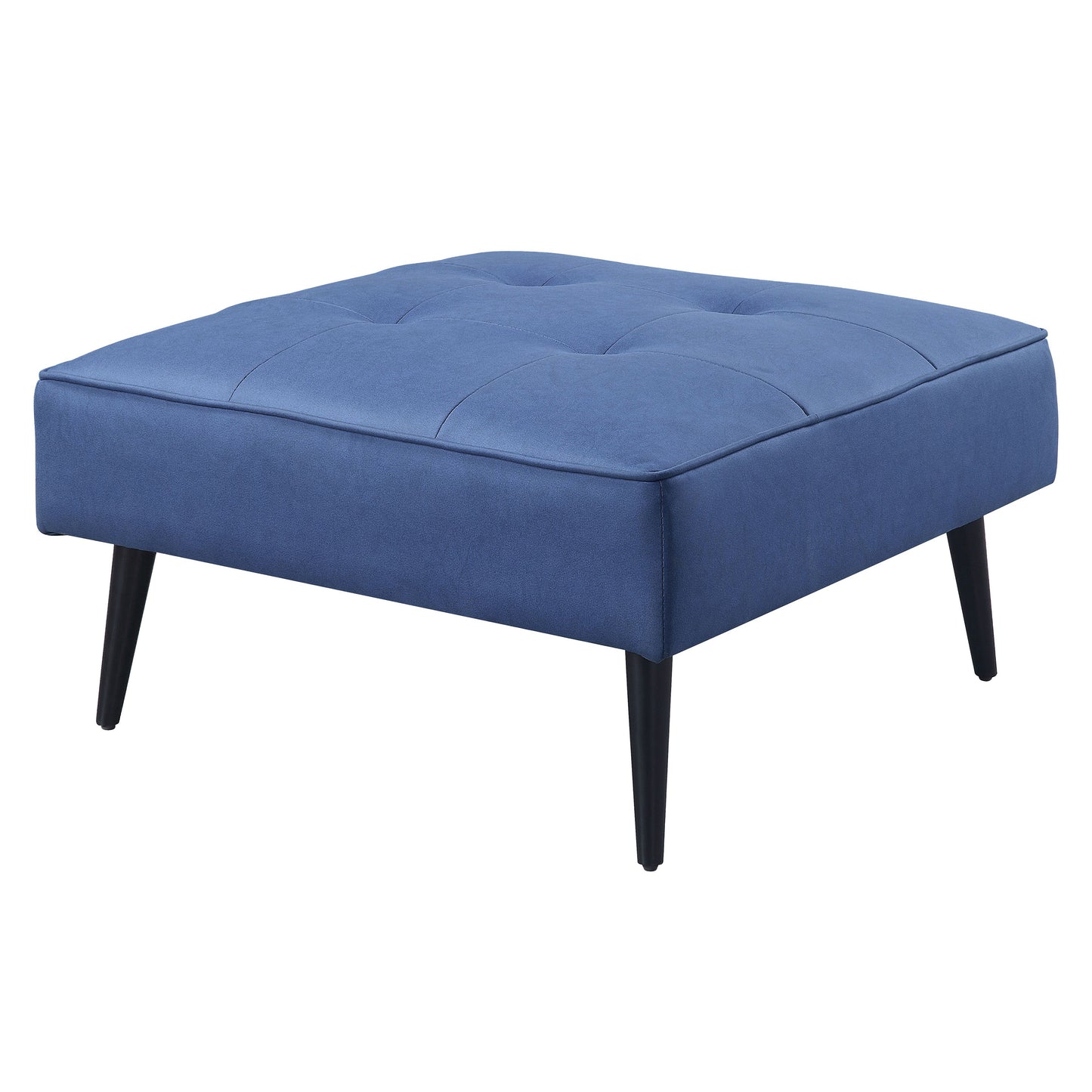 Tufted blue fabric ottoman with tapered black legs perfect for a living room accent