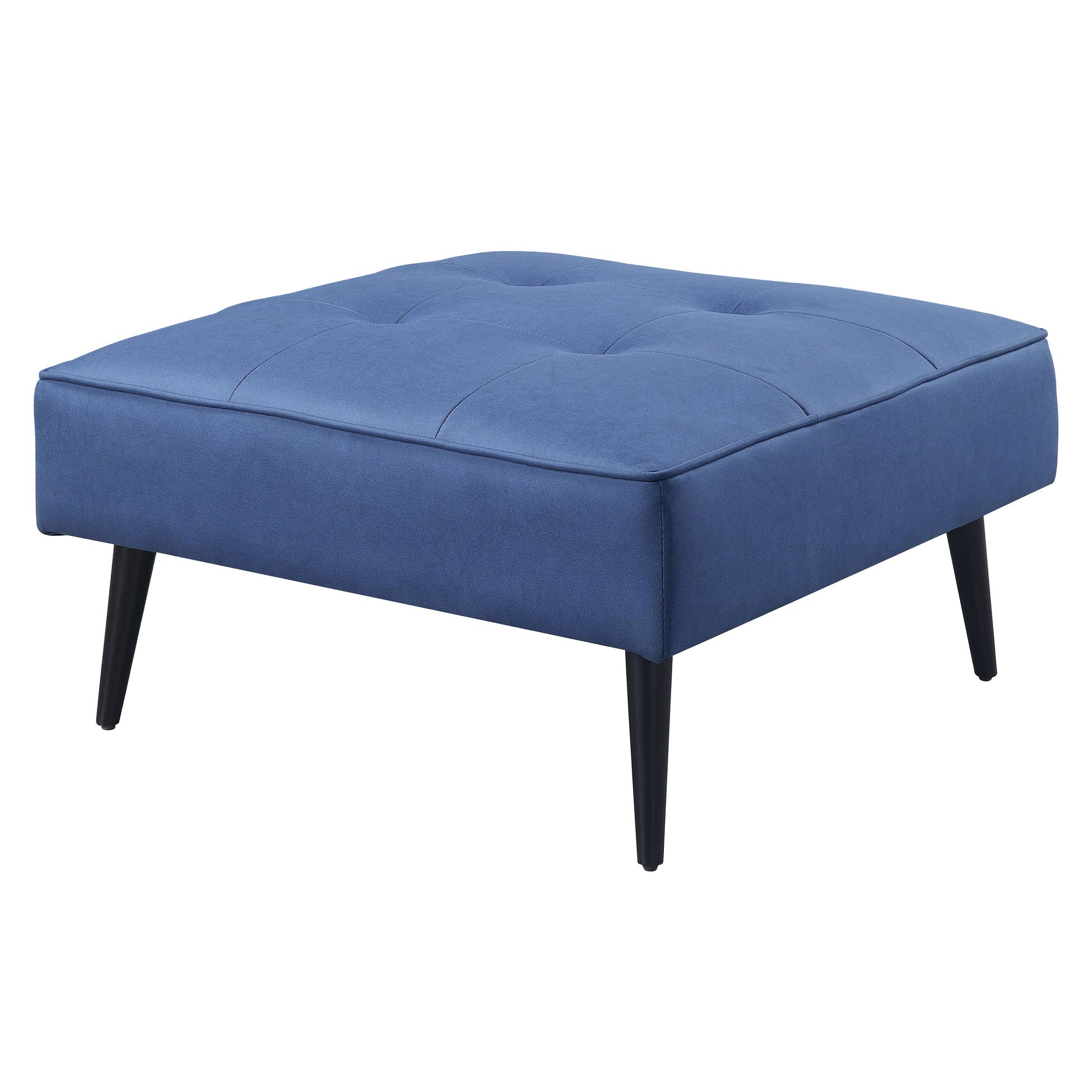 Tufted blue fabric ottoman with tapered black legs perfect for a living room accent