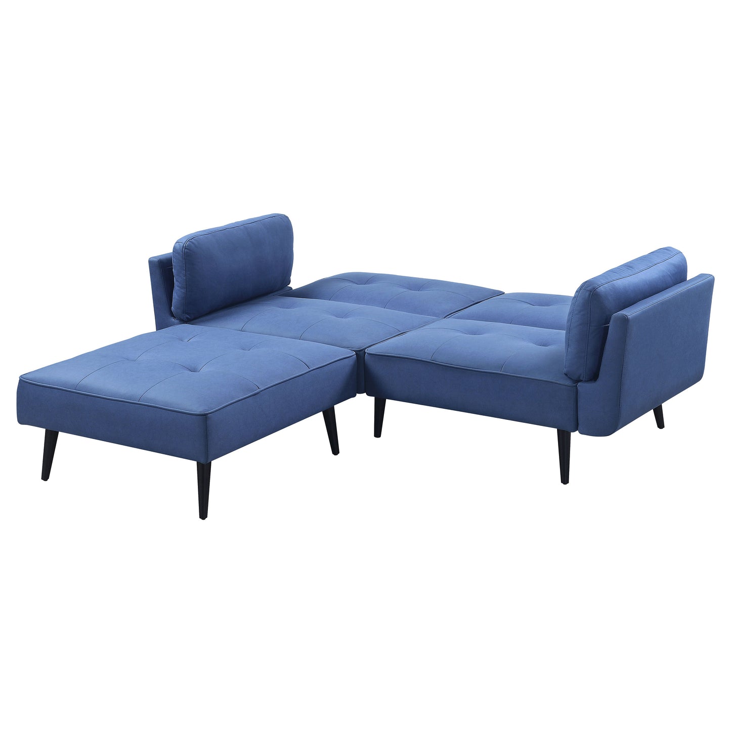 Tufted blue fabric sectional sofa with chaise lounge and modern black legs