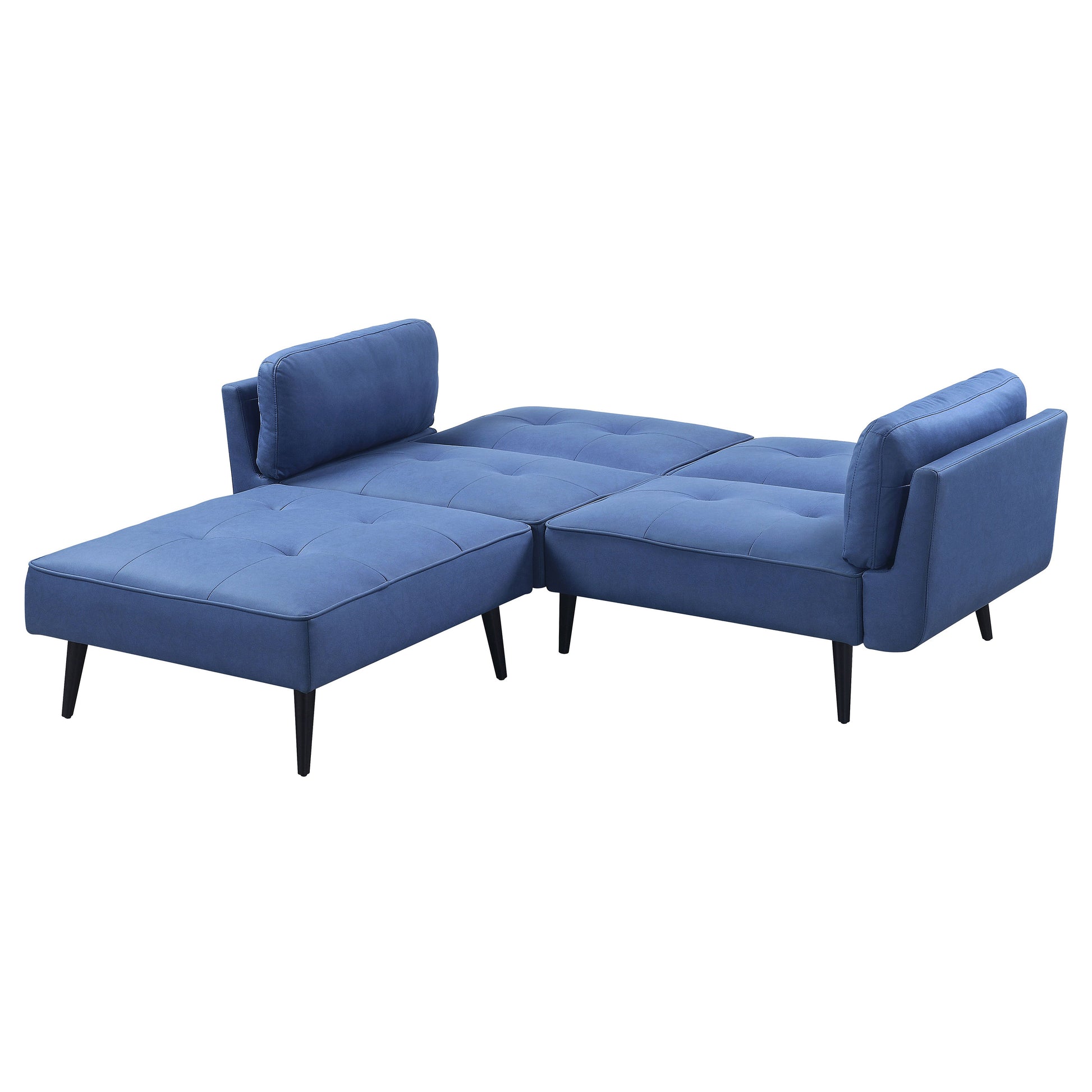 Tufted blue fabric sectional sofa with chaise lounge and modern black legs