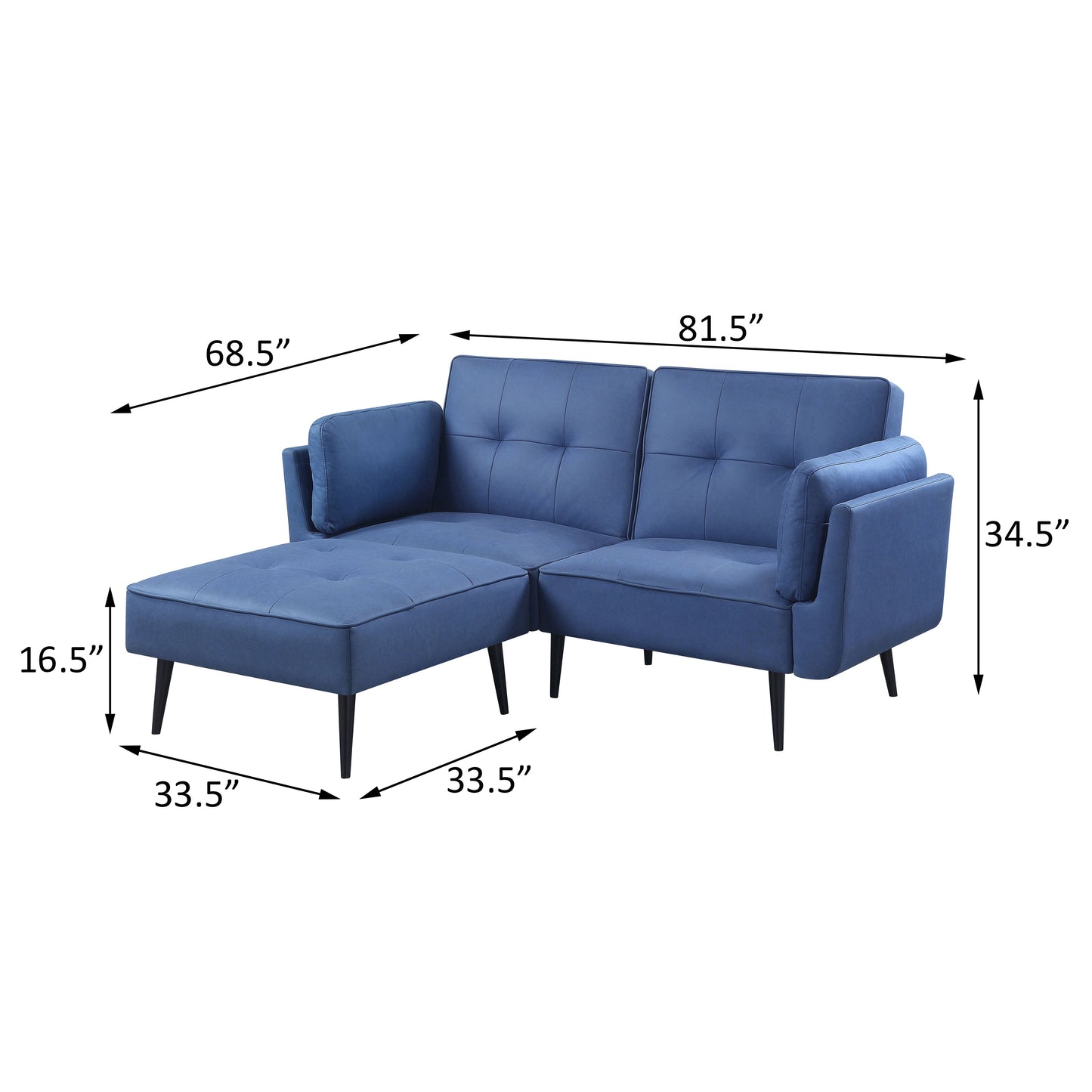Blue tufted sectional sofa with chaise and wooden legs perfect for modern living rooms