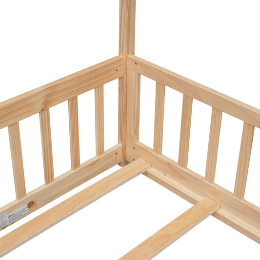 TREATLIFE HOME Twin House Bed with Guardrails and Slats, Natural Wood Color, Space-Optimizing Design