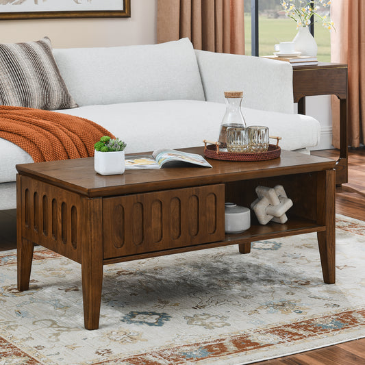 Midcentury modern wood coffee table with slatted drawer detail and open shelf storage