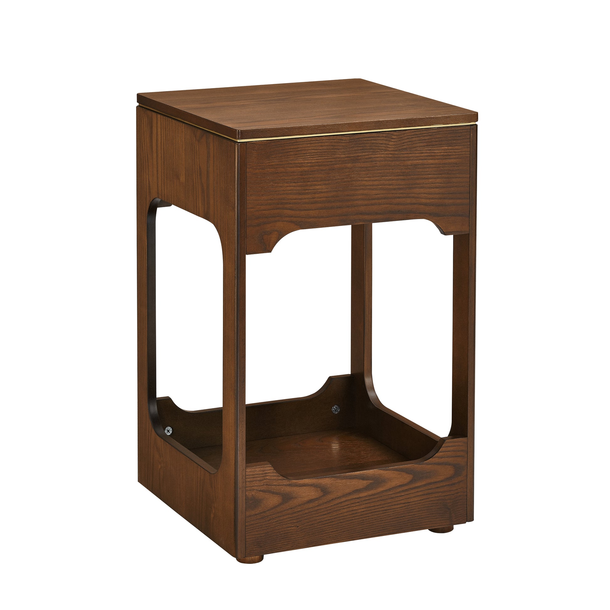 Rich brown wooden end table with brass accent detail and open shelf